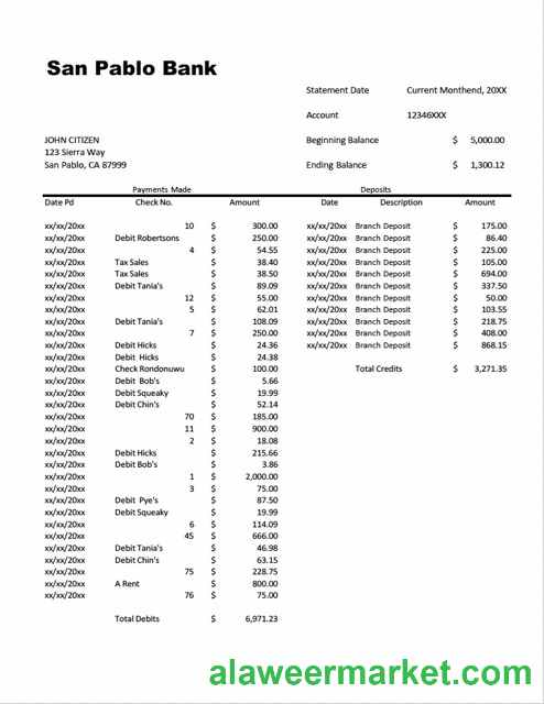 USA San Pablo Bank account statement Word and PDF template